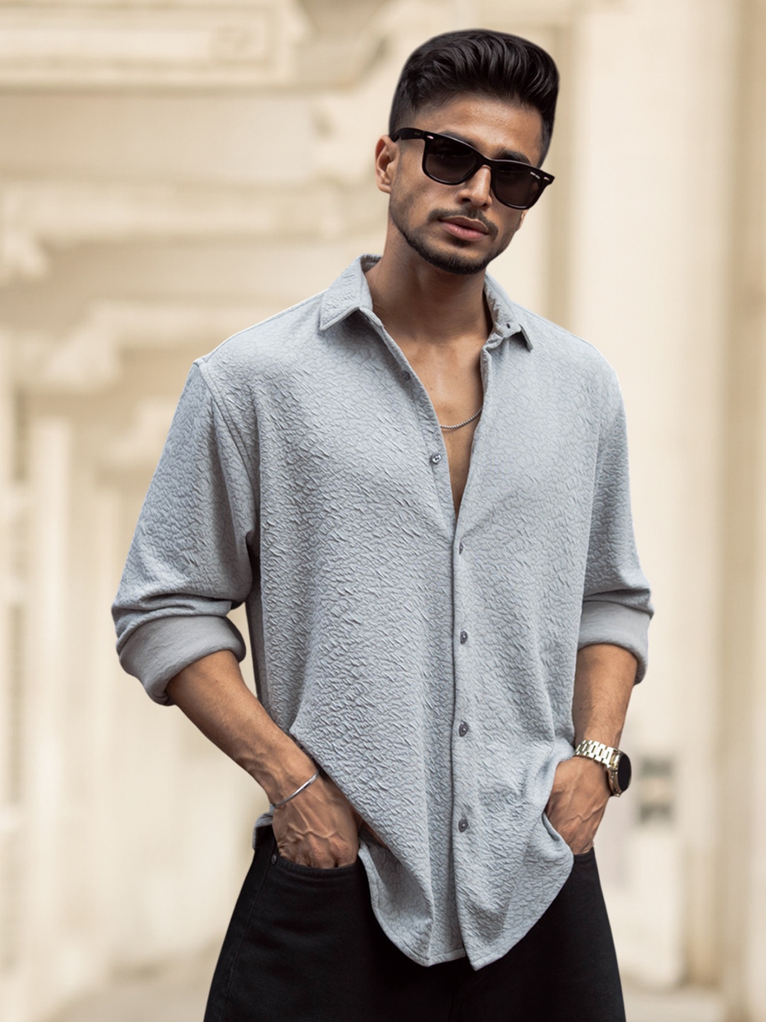 

Powerlook Men Spread Collar Textured Relaxed Fit Casual Shirt, Grey