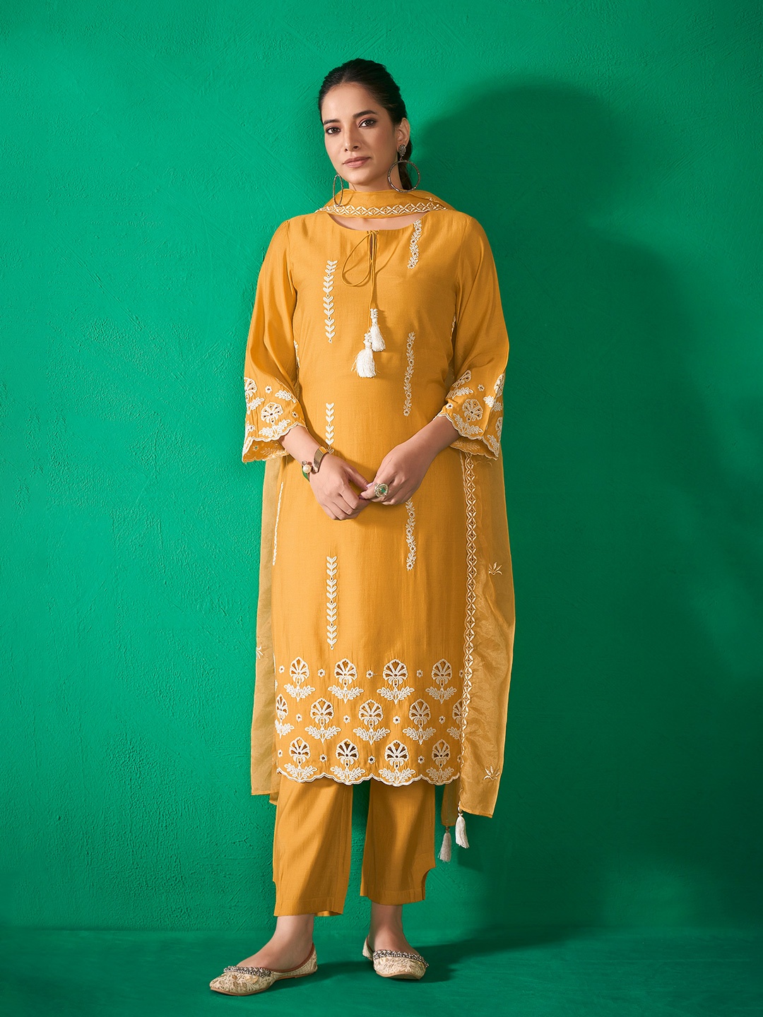 

Anouk Mustard Yellow Embroidered Thread Work Chanderi Silk Kurta Set