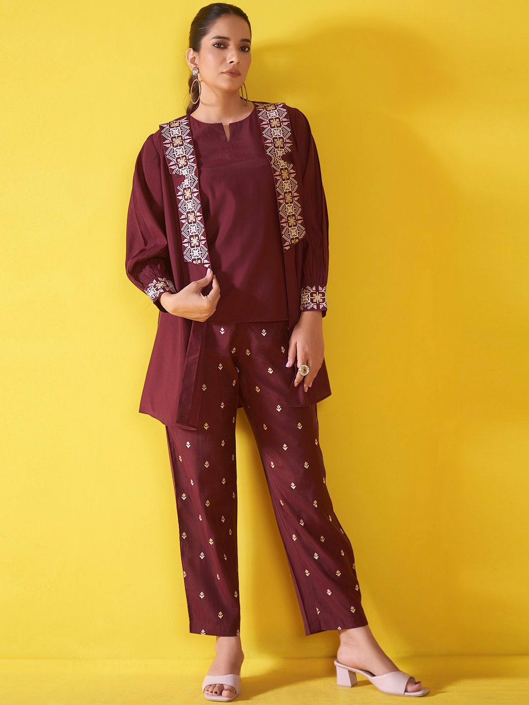 

Anouk Maroon Embroidered Jacket with Short Top and Embroidered Trousers Co-Ords