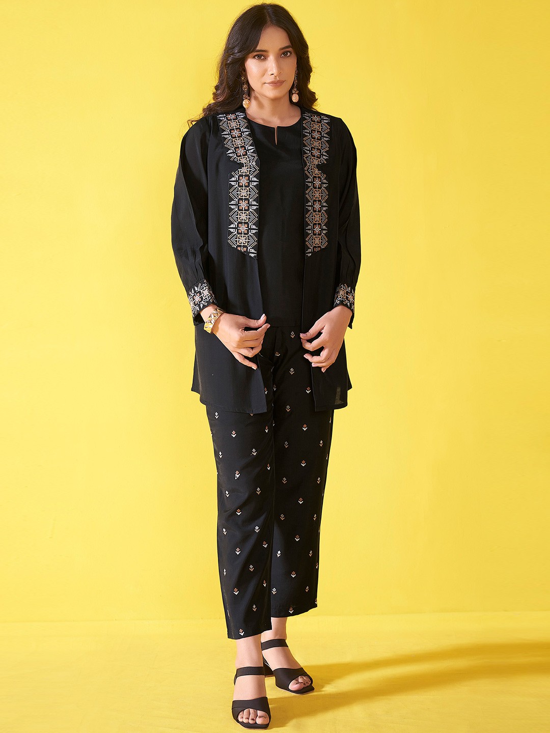 

Anouk Black Top with Embroidered Jacket and Trouser Co-Ords