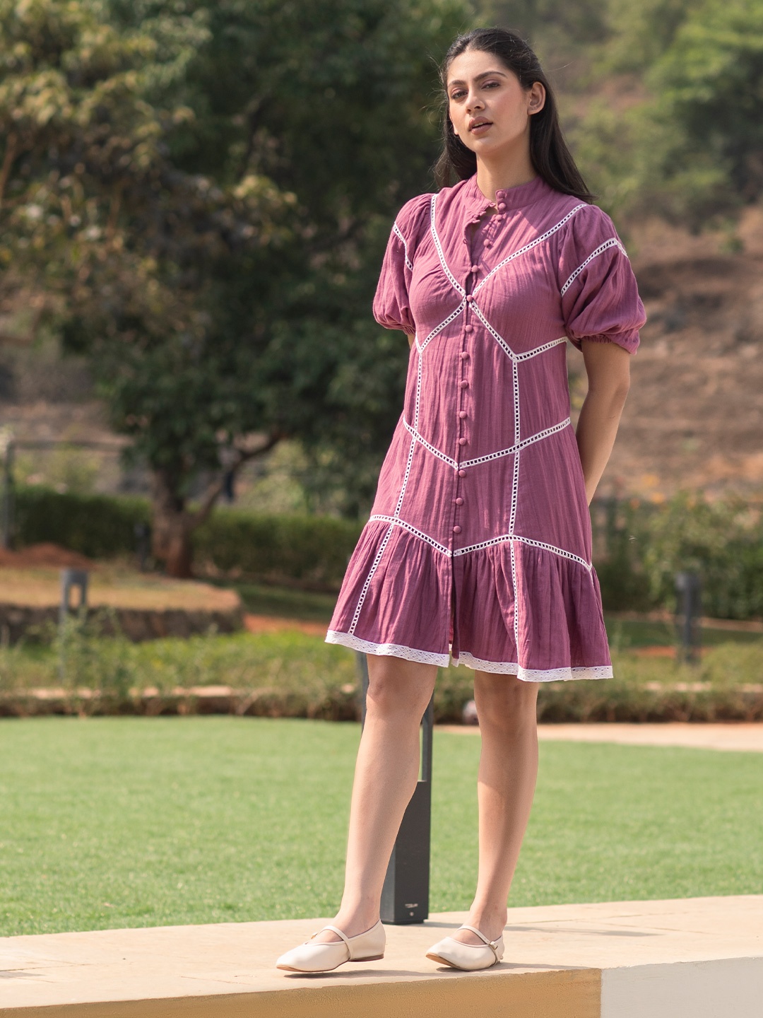 

ELEVEN.O.ONE Puff Sleeve Fit & Flare Dress, Pink