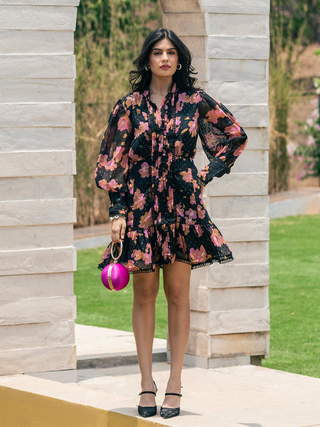 ELEVEN.O.ONE Floral Print Puff Sleeve Georgette Fit & Flare Dress, Pink