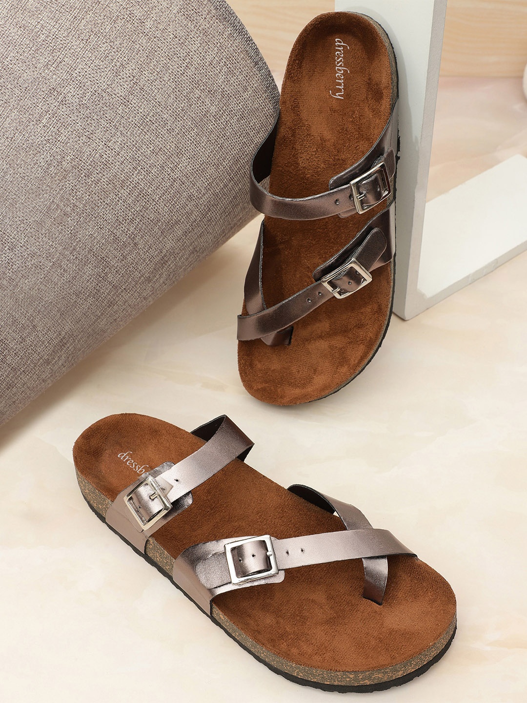 

DressBerry Women One Toe Flats with Buckles, Bronze