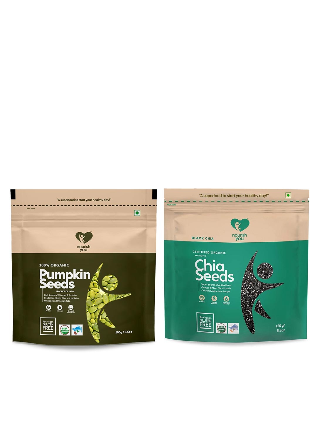 Nourish You Organic Raw Chia Seeds -150 g & Pumpkin Seeds -100 g, Green