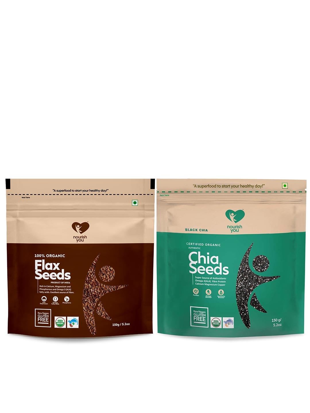 

Nourish You 2Pcs Organic Raw Flax Seeds & Chia Seeds - 150 g each, Green