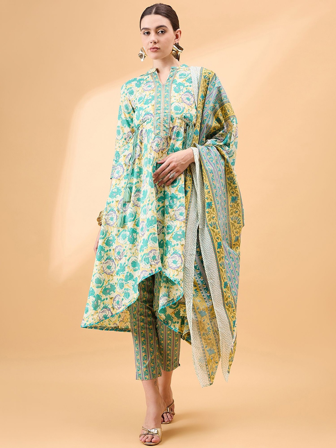 

all about you Teal Green Floral Printed Pure Cotton High-Low Kurta with Trouser & Dupatta