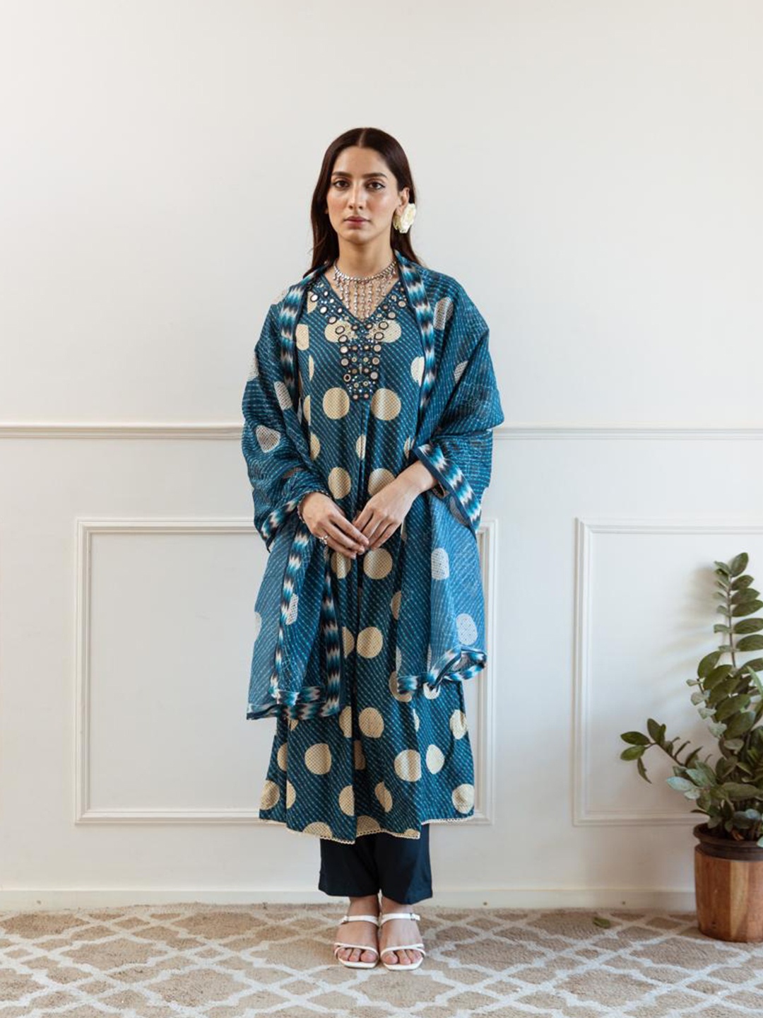 

Anouk Leheriya Printed V-Neck Mirror Work A-Line Kurta with Palazzos & With Dupatta, Blue