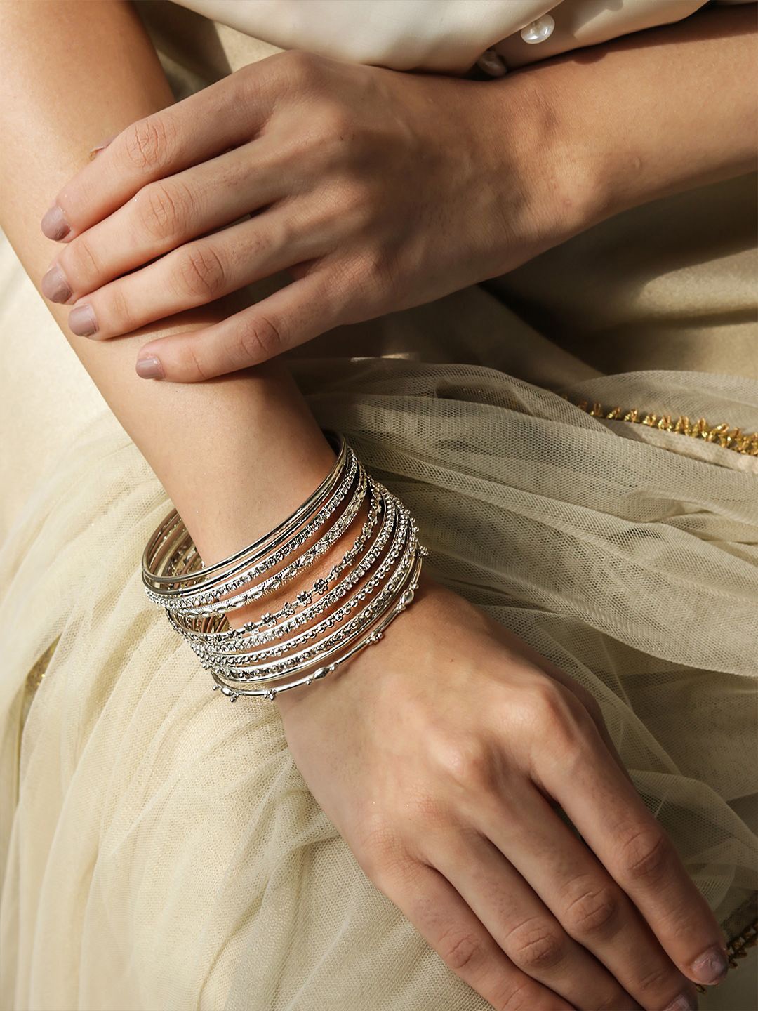 

Fida Set Of 10 Silver-Plated Oxidised Bangles