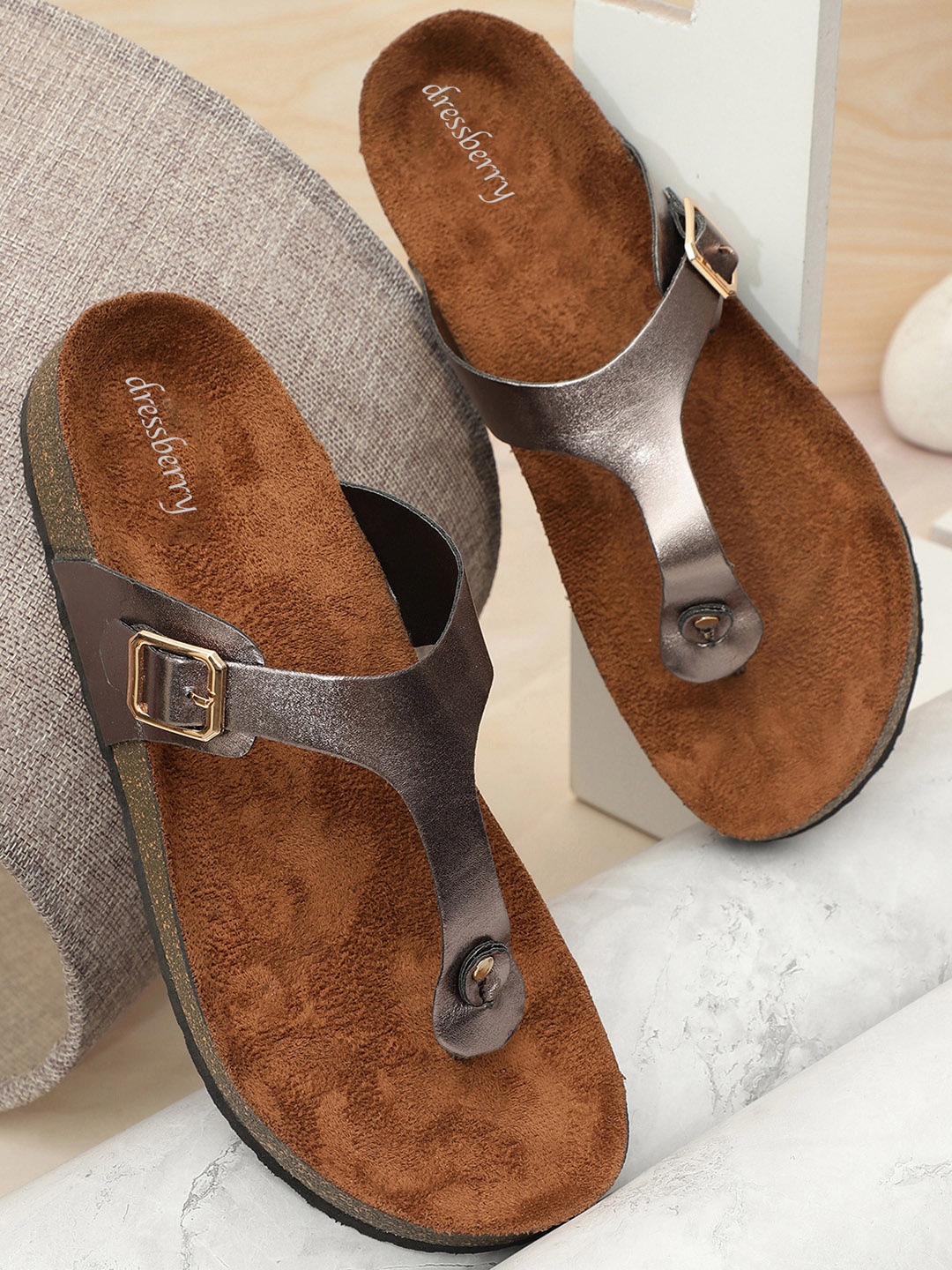 

DressBerry Women T-Strap Flats With Buckles, Bronze