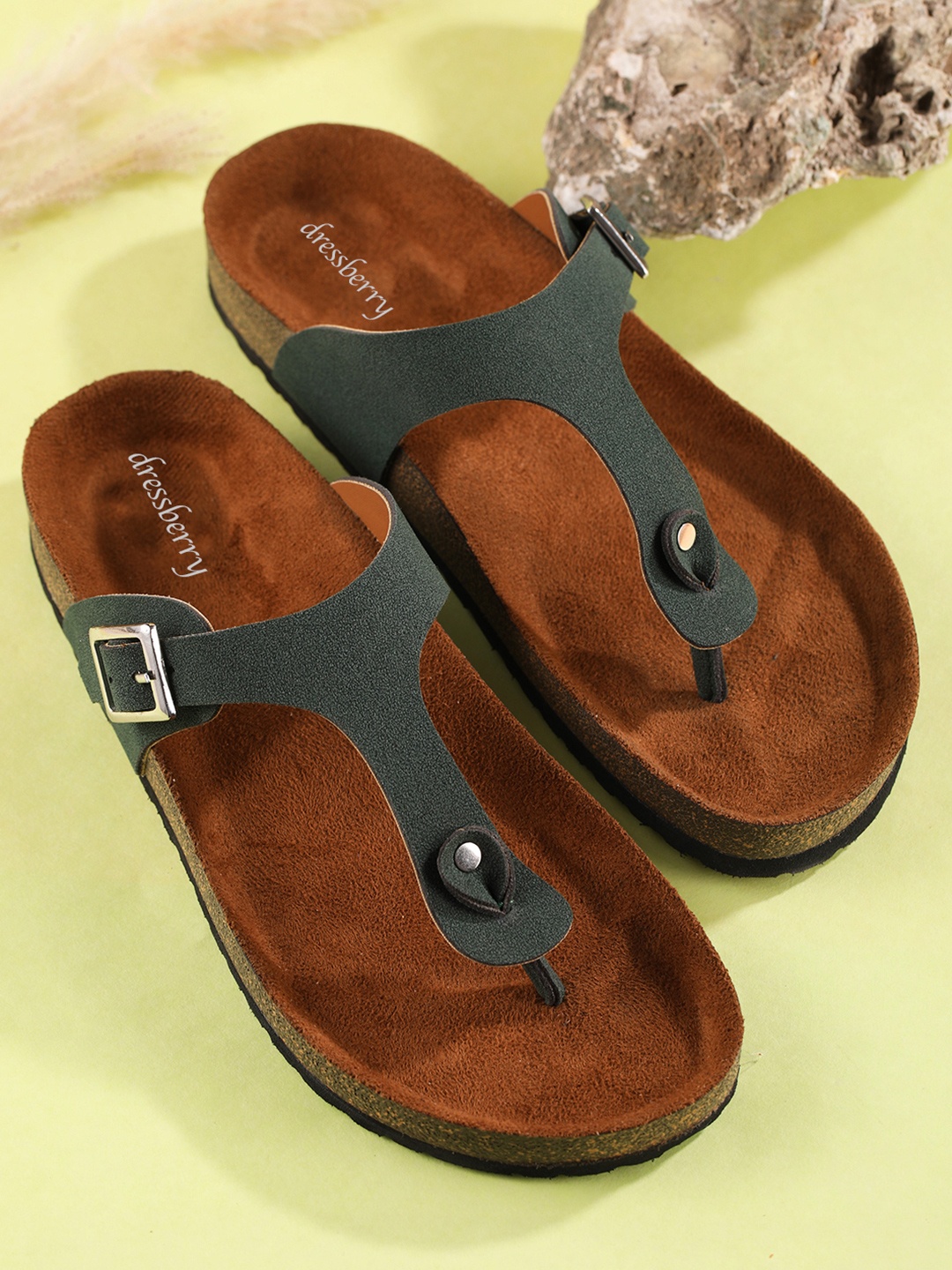 

DressBerry Women T-Strap Flats with Buckles, Olive