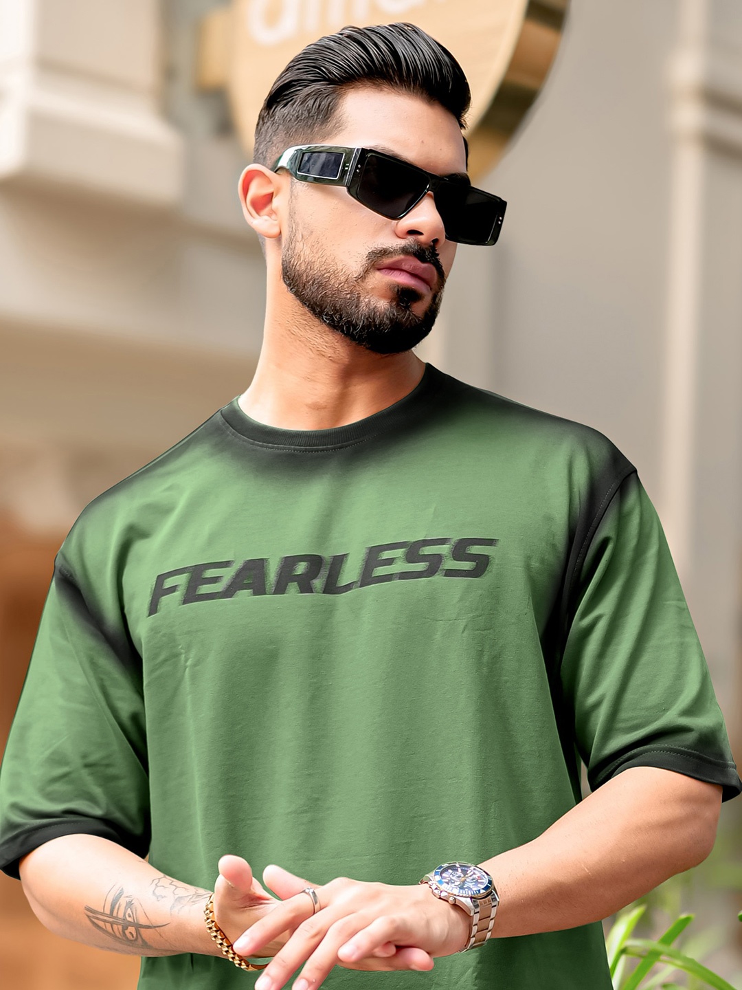 

Maniac Men Typography Printed Round Neck Cotton Oversized T-shirt, Green