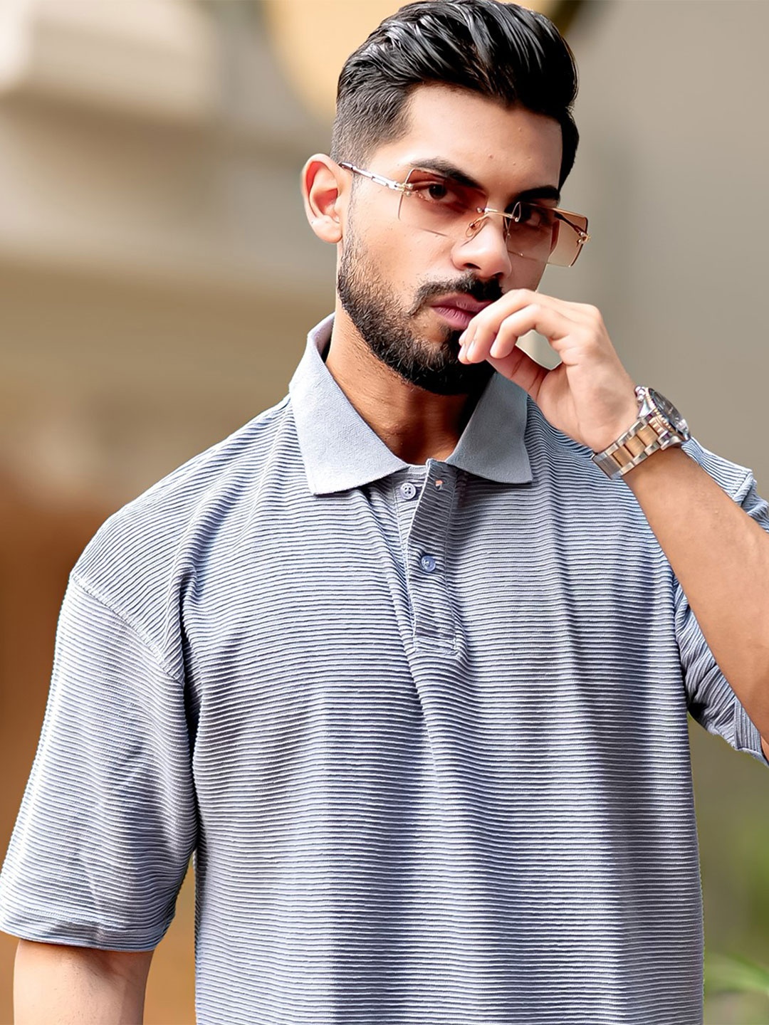 

Maniac Men Self Design Polo Collar Oversized T-shirt, Grey