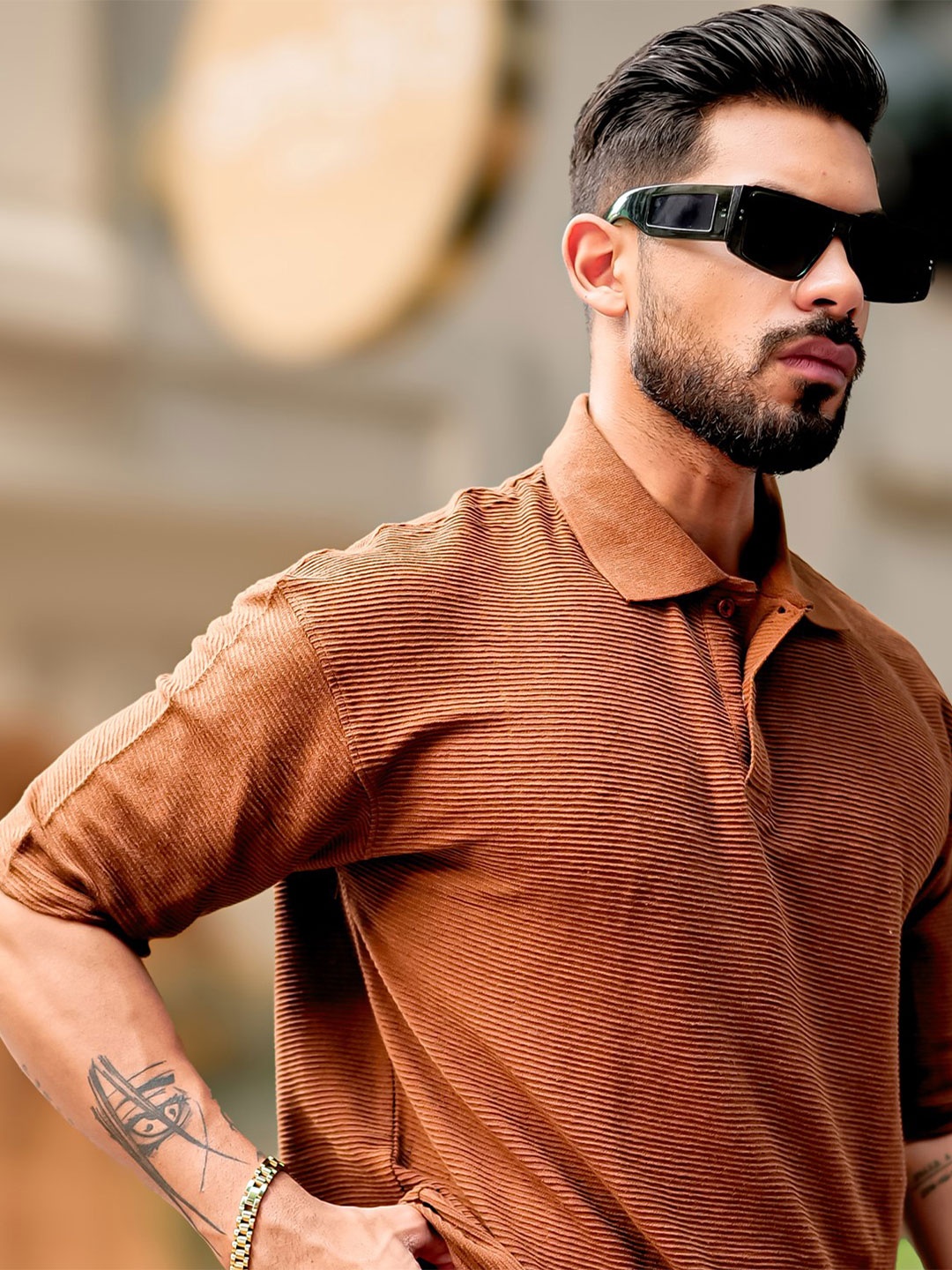 Maniac Men Self Design Polo Collar Oversized T-shirt, Brown