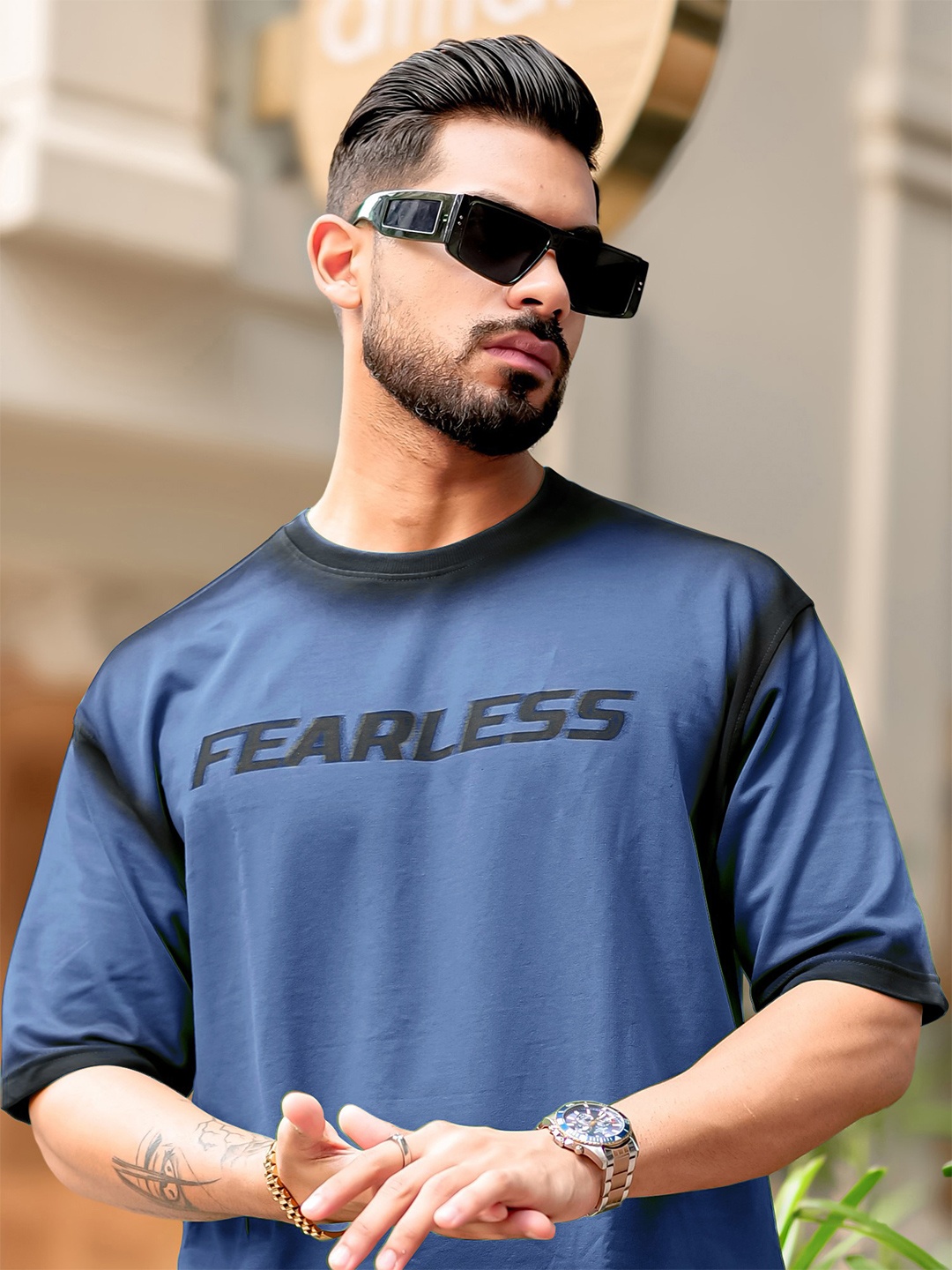 

Maniac Men Typography Printed Round Neck Cotton Oversized T-shirt, Blue