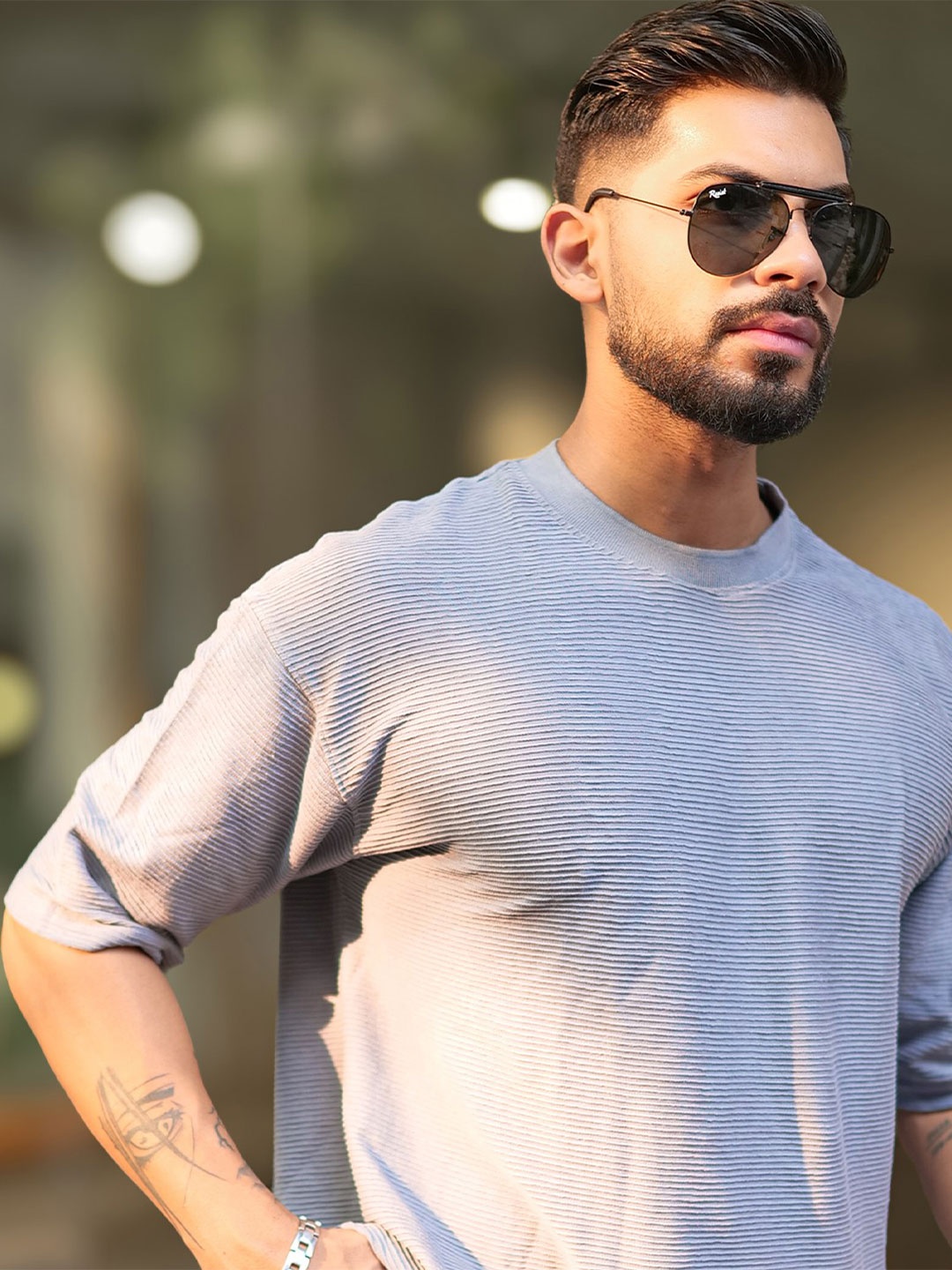 Maniac Men Self Design Round Neck Oversized T-shirt, Grey