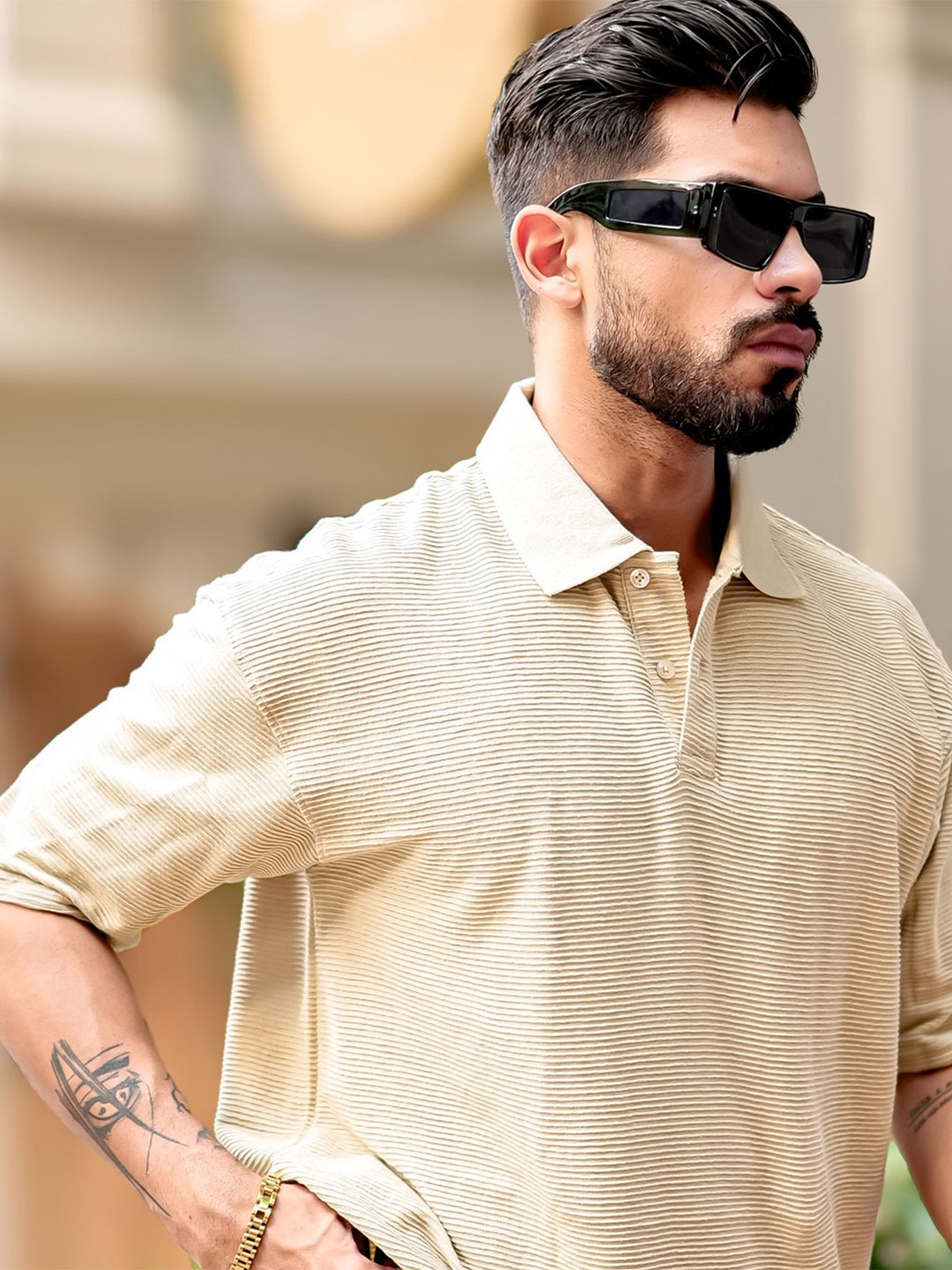 

Maniac Men Self Design Polo Collar Oversized T-shirt, Beige