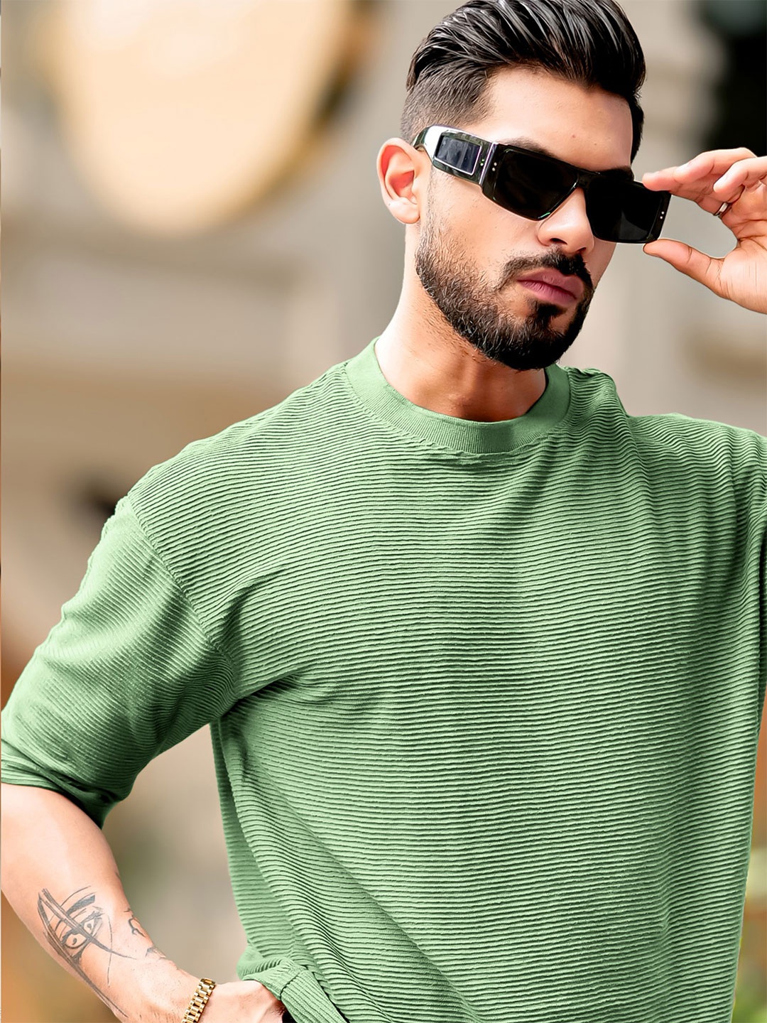 

Maniac Men Self Design Round Neck Oversized T-shirt, Green