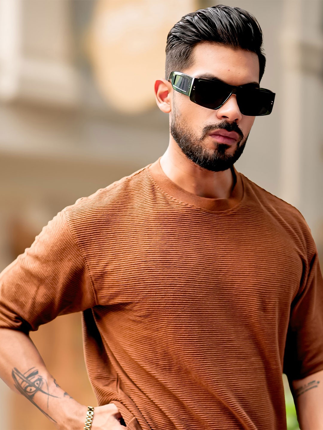 

Maniac Men Self Design Round Neck Oversized T-shirt, Brown