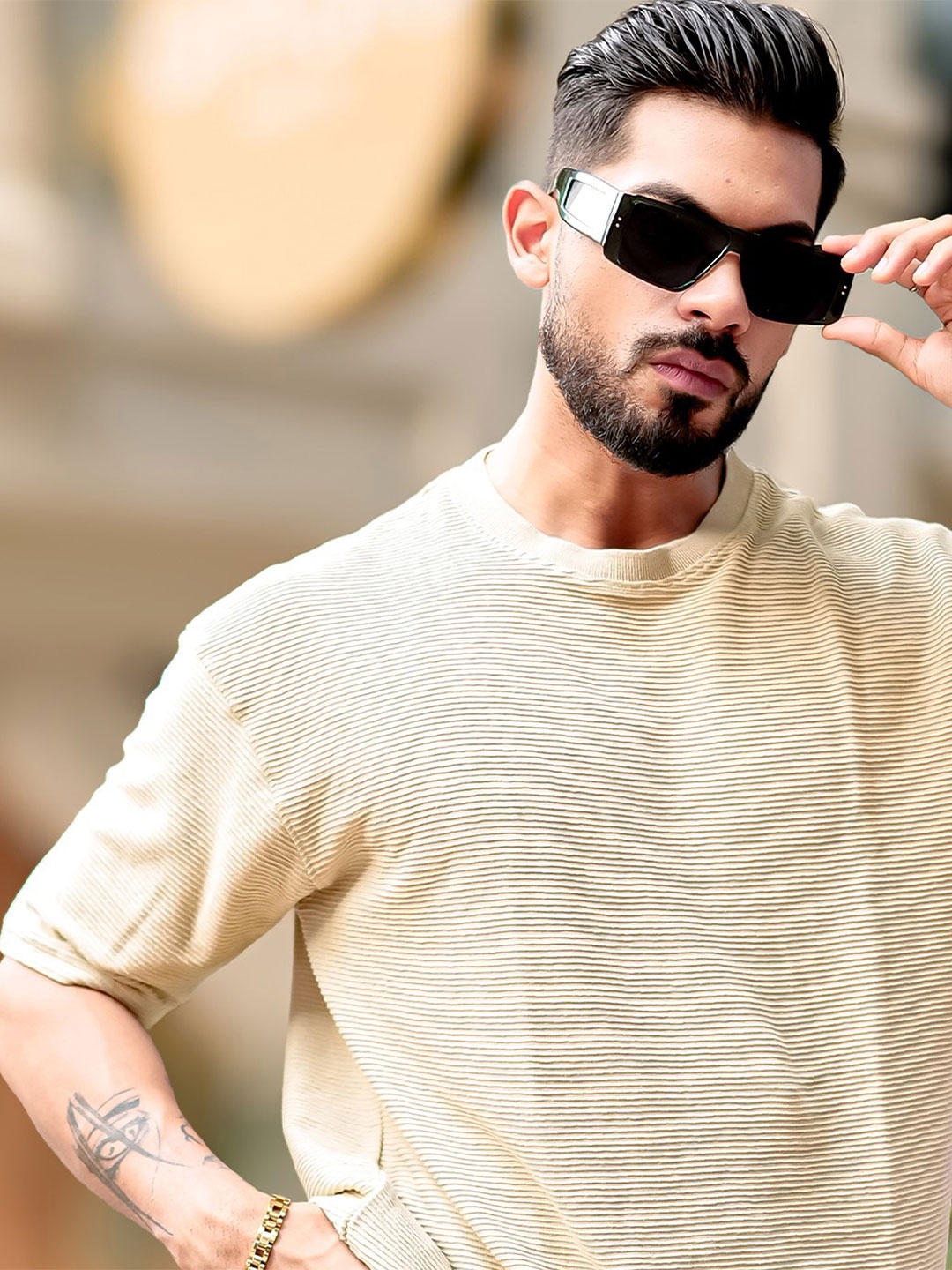 Maniac Men Self Design Round Neck Oversized T-shirt, Beige