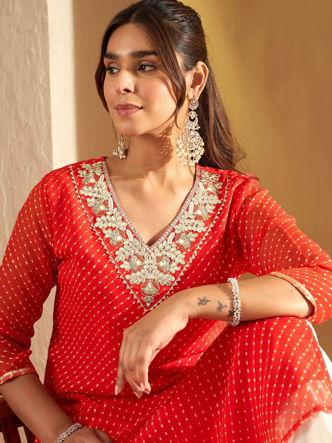 

Indo Era Leheriya Printed Gotta Patti Straight Kurta, Orange