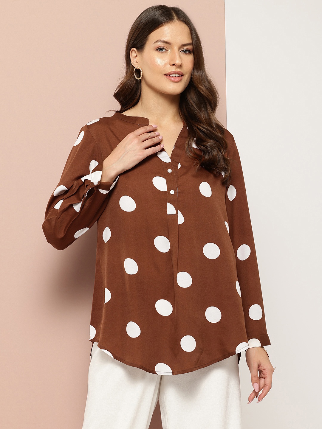 

Qurvii Comfort Polka Dot Printed Longline Casual Shirt, Brown