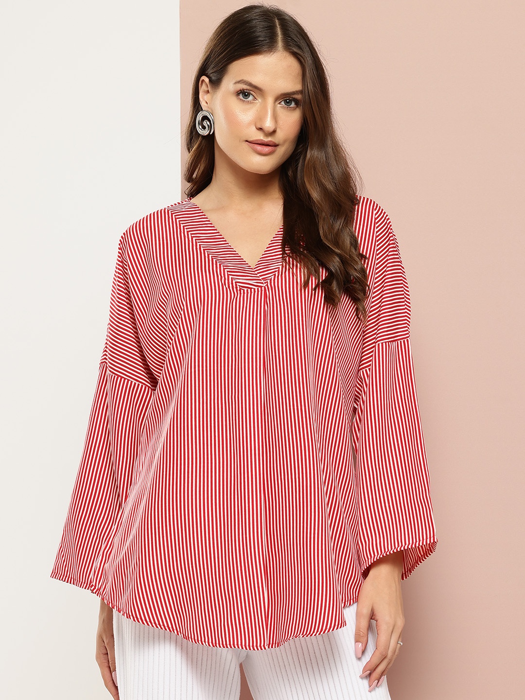 

Qurvii Striped Crepe Boxy Top, Red