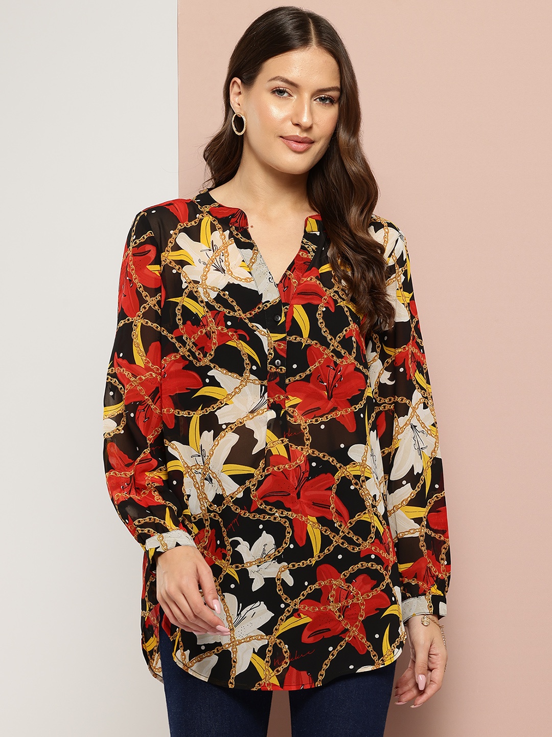 

Qurvii Women Comfort Floral Printed Longline Casual Shirt, Black