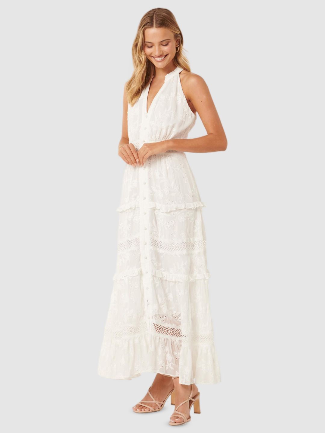 

Forever New Floral Embroidered Halter Neck Ruffled Lace A-Line Maxi Dress, White