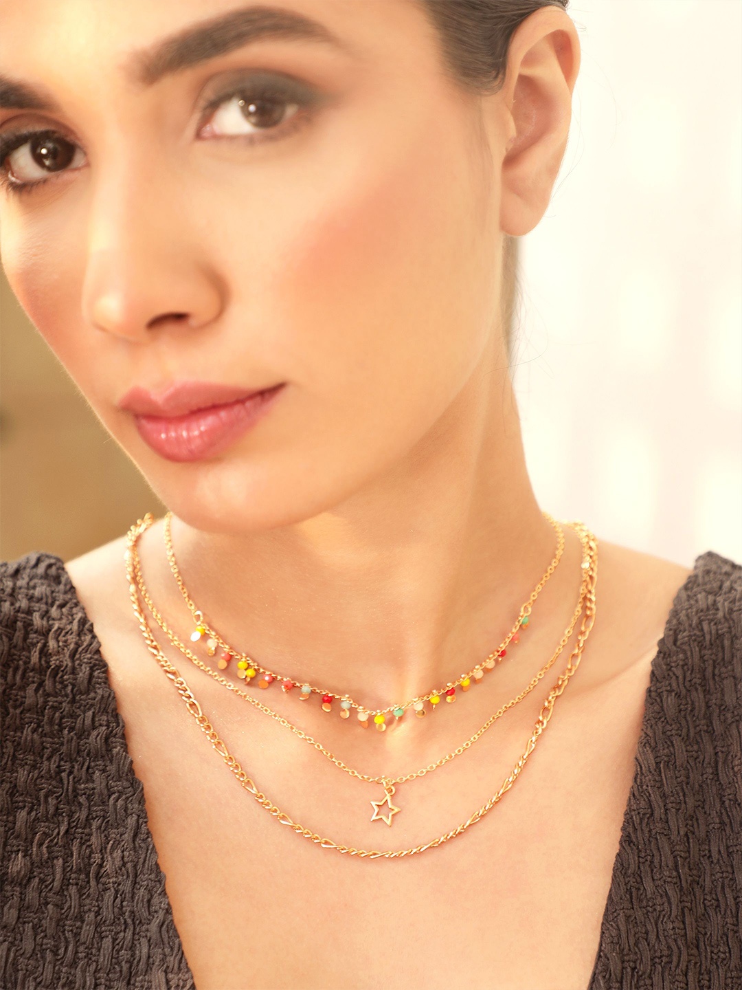 

Rubans 18K Gold Plated Multicolor Beaded Star Charm Multi-Layered Necklace