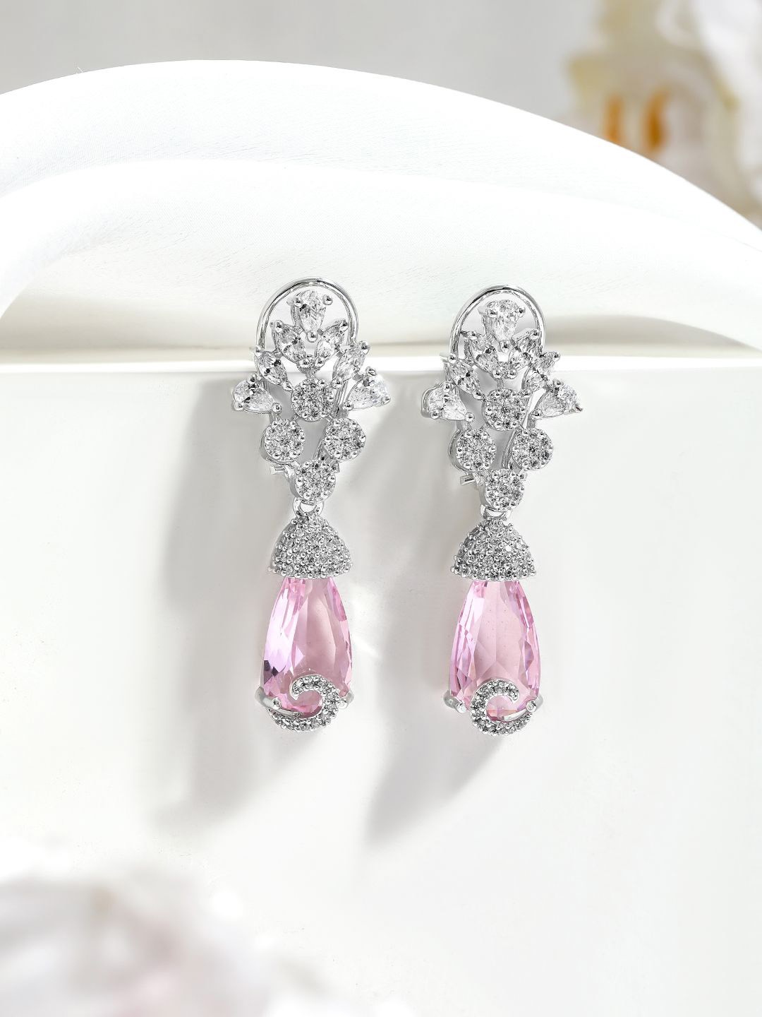 

Rubans Rhodium-Plated Pink Crystal & Cubic Zirconia Studded Drop Earrings, Silver