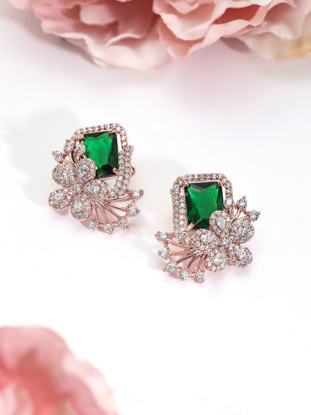 

Rubans 18K Rose Gold-Plated Emerald Green & Cubic Zirconia Studded Floral Stud Earrings