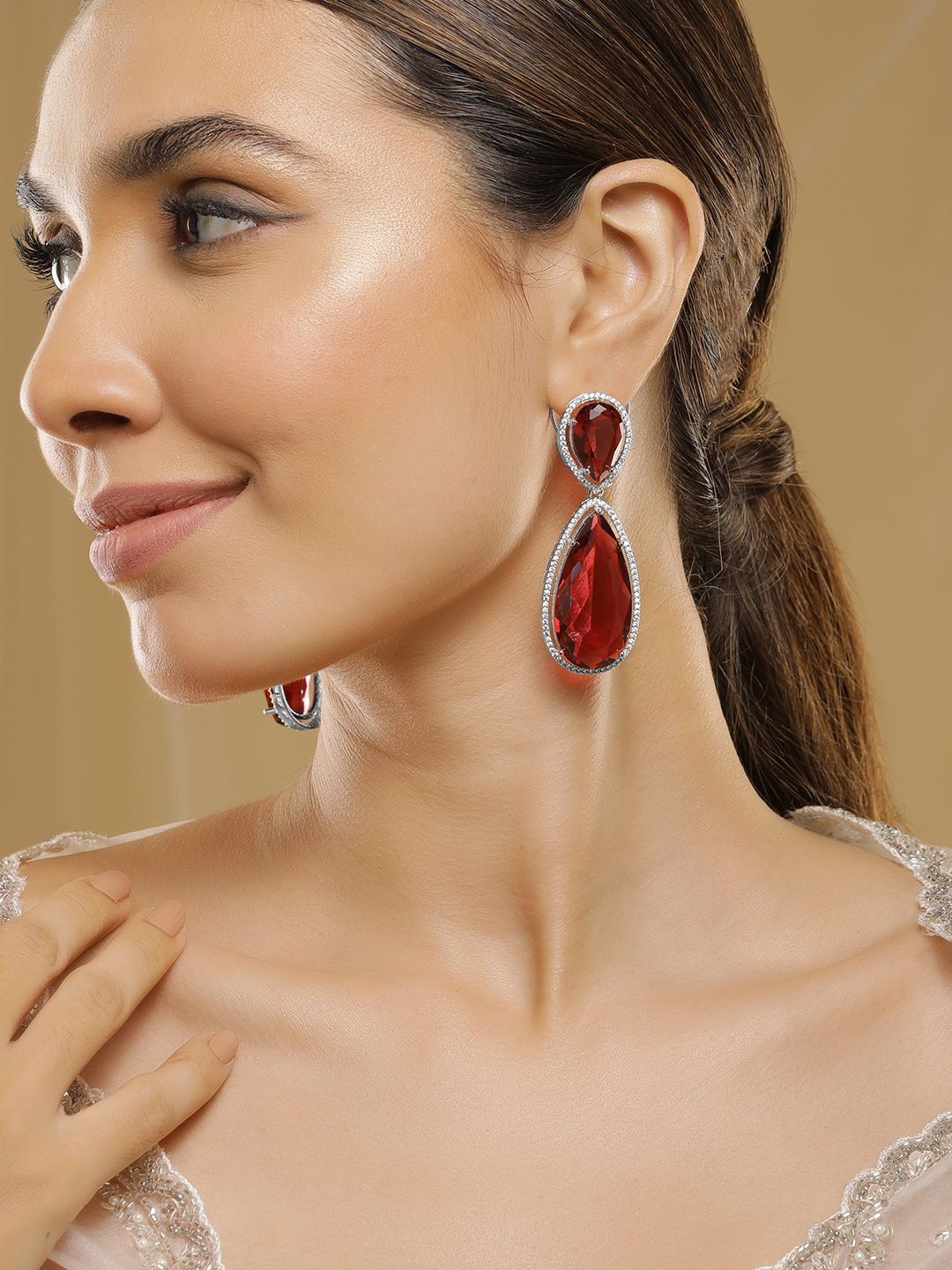 

Rubans 18K Gold-Plated Ruby Red & Cubic Zirconia Studded Premium Drop Earrings