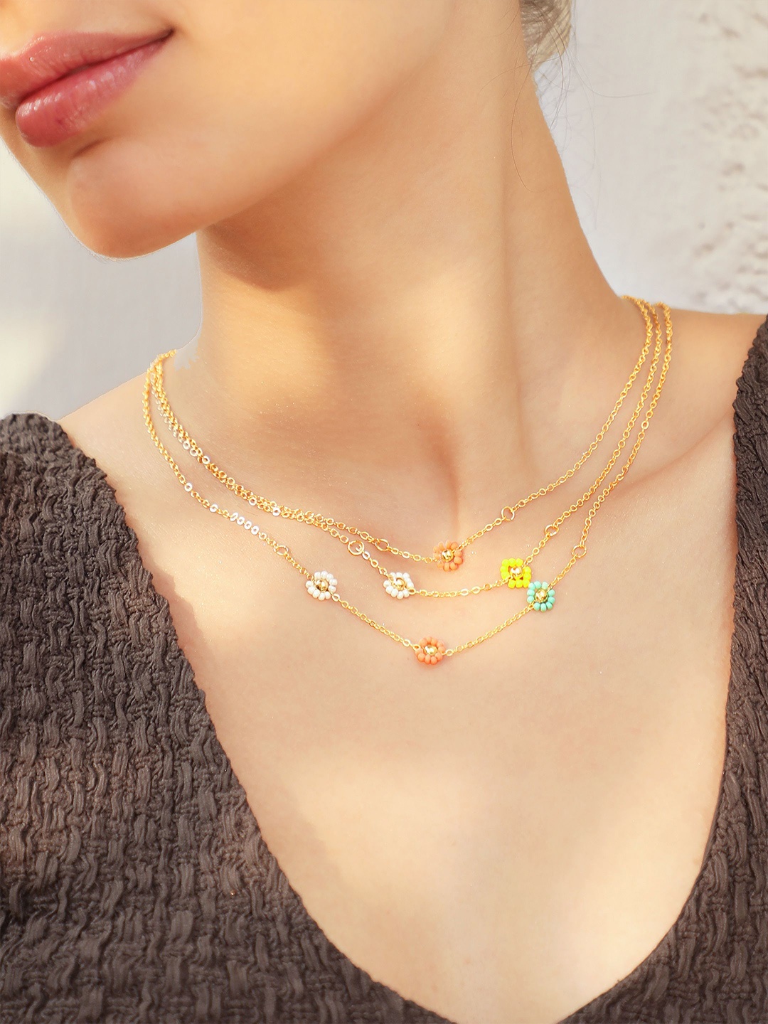 

Rubans 18K Gold Plated Multicolor Flower Charm Layered Necklace with Delicate Chain Design
