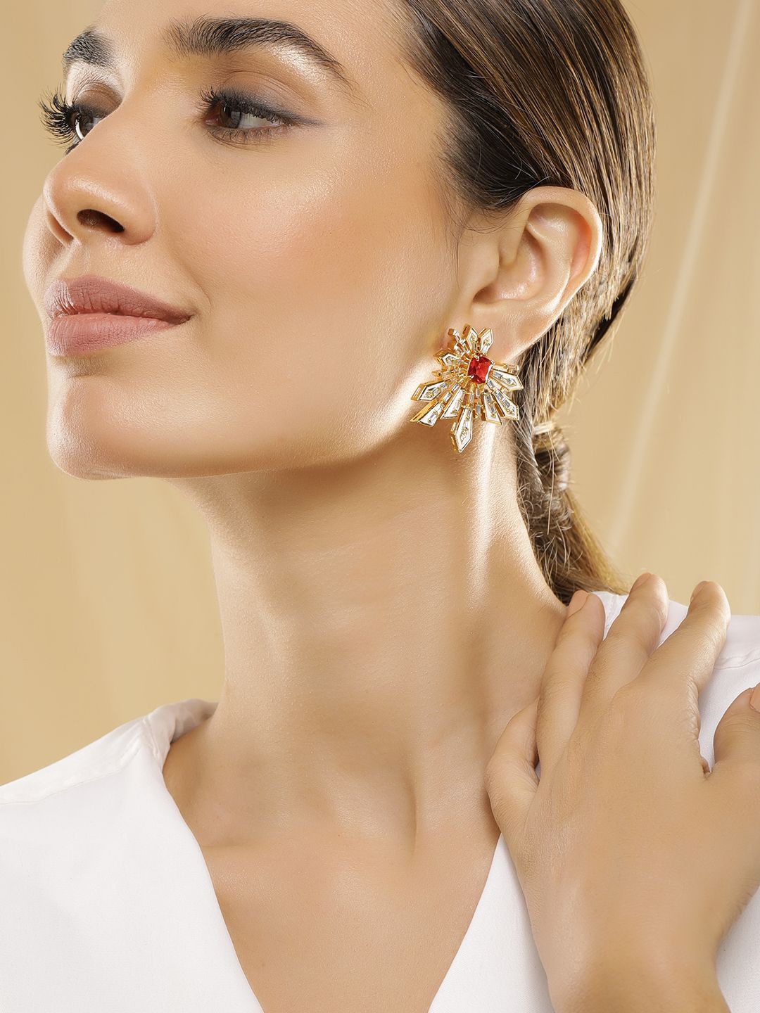 

Rubans 18K Gold-Plated Ruby Red & Cubic Zirconia Studded Statement Stud Earrings