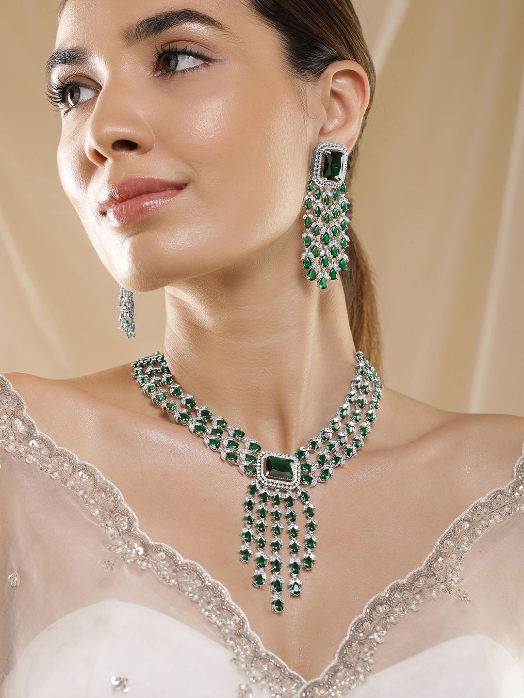 

Rubans Silver-Plated Emerald Green & Cubic Zirconia Statement Multilayer Jewellery Set