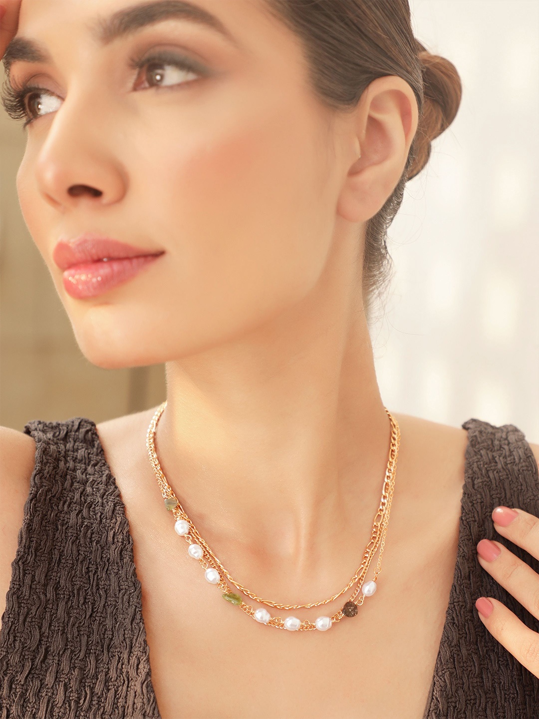 

Rubans 18K Gold Plated Pearls & Cuban Link Chain Triple Layered Necklace