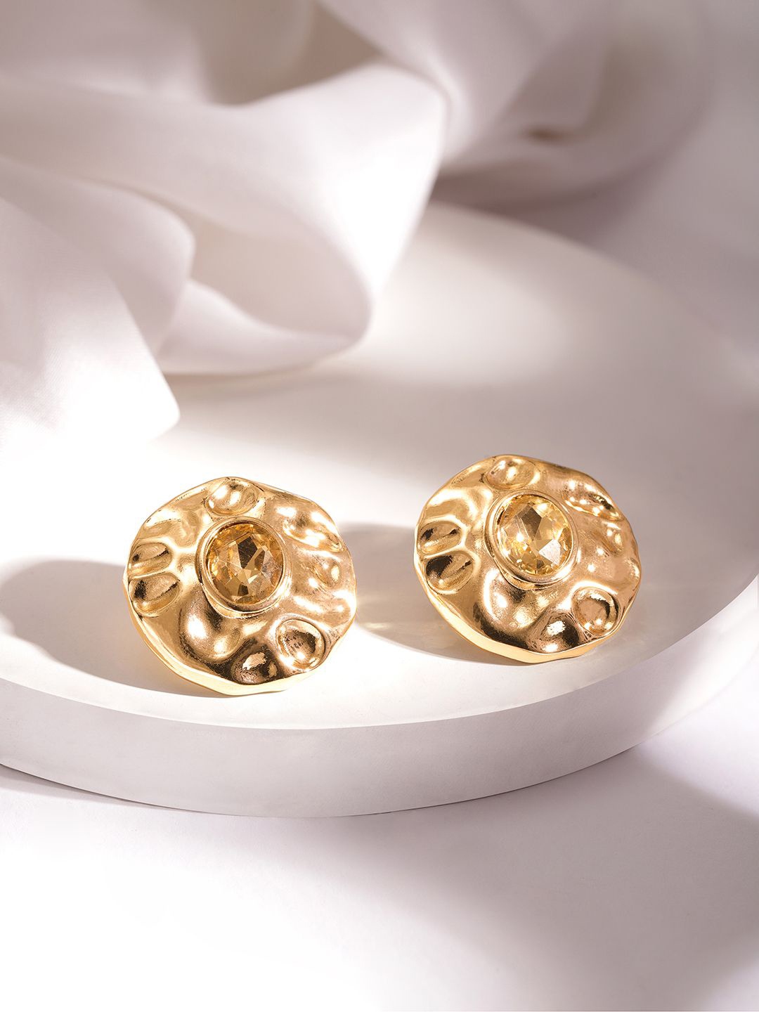 

Rubans 18K Gold Plated Textured Round Stud Earrings with Yellow Crystal Stone Detailing