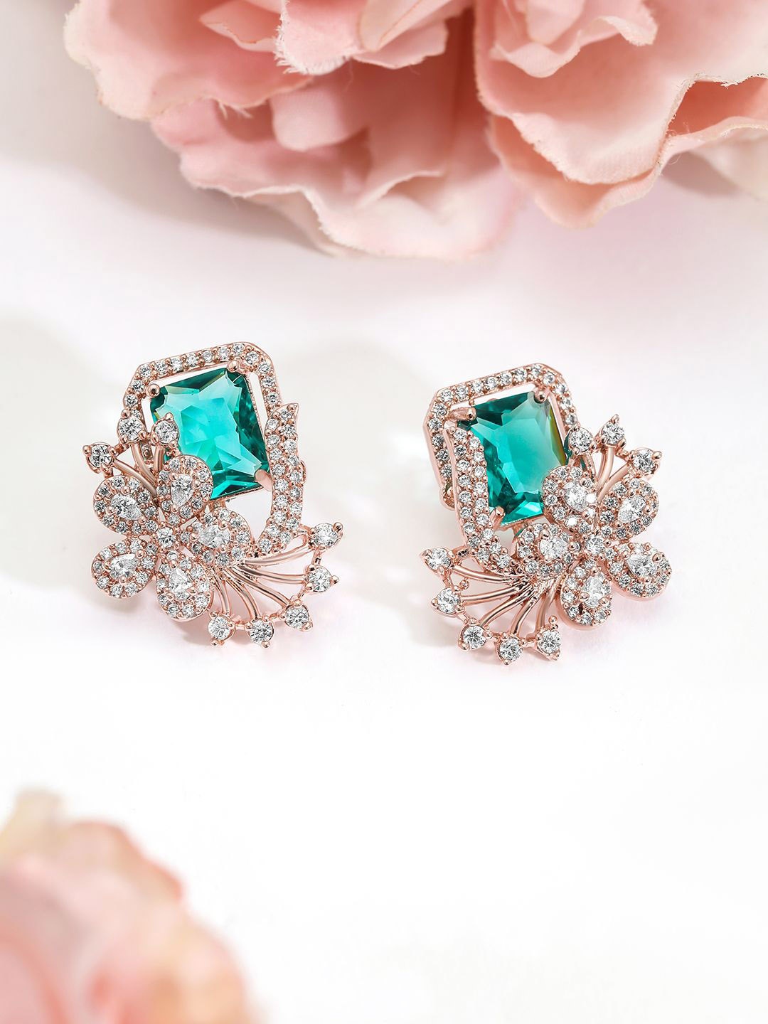 

Rubans 18K Rose Gold-Plated Crystal Green & Cubic Zirconia Studded Floral Stud Earrings