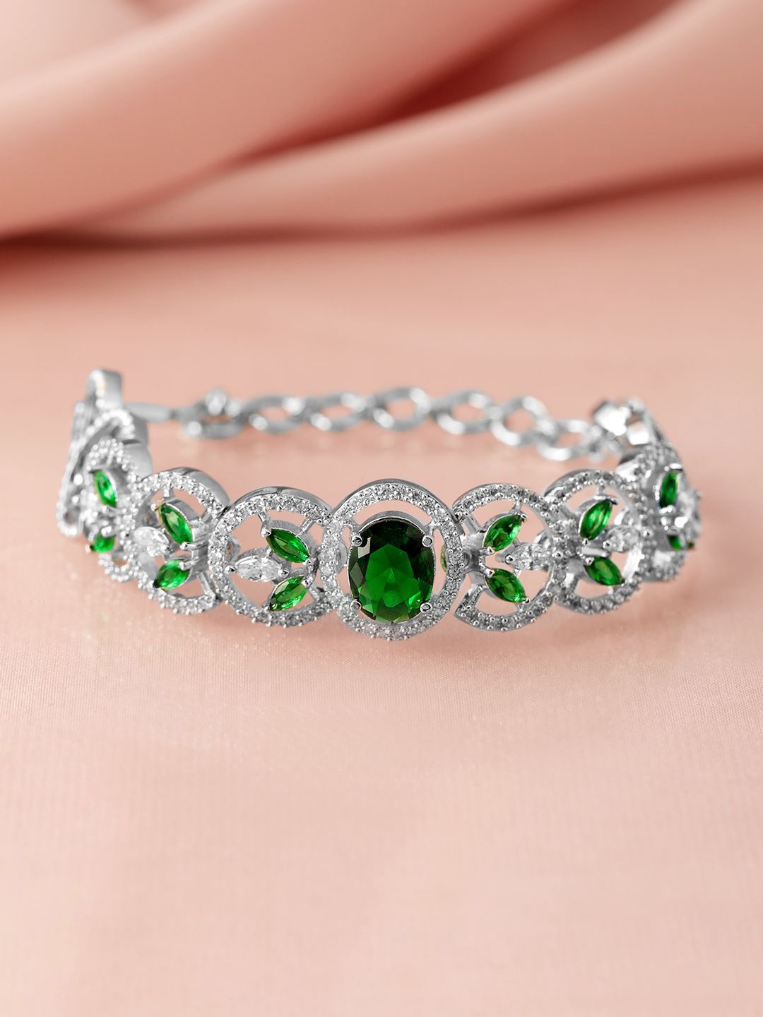 

Rubans Silver-Plated Emerald Green & Cubic Zirconia Studded Premium Bracelet