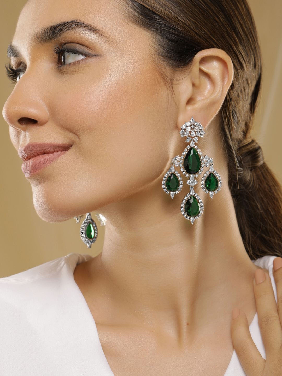 

Rubans Silver-Plated Emerald Green & Cubic Zirconia Studded Premium Chandelier Earrings