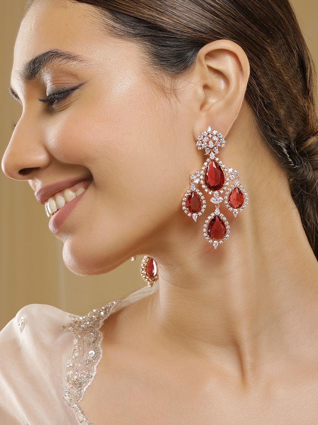 

Rubans 18K Gold-Plated Ruby Red & Cubic Zirconia Studded Premium Chandelier Earrings