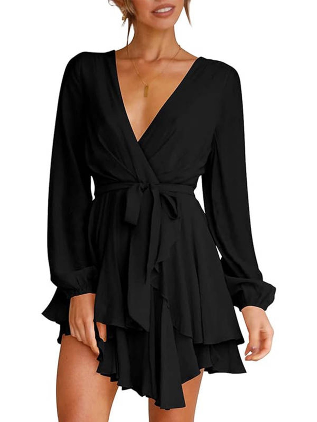 

HERE&NOW Women Tie-Ups Detail Wrap Mini Dress, Black