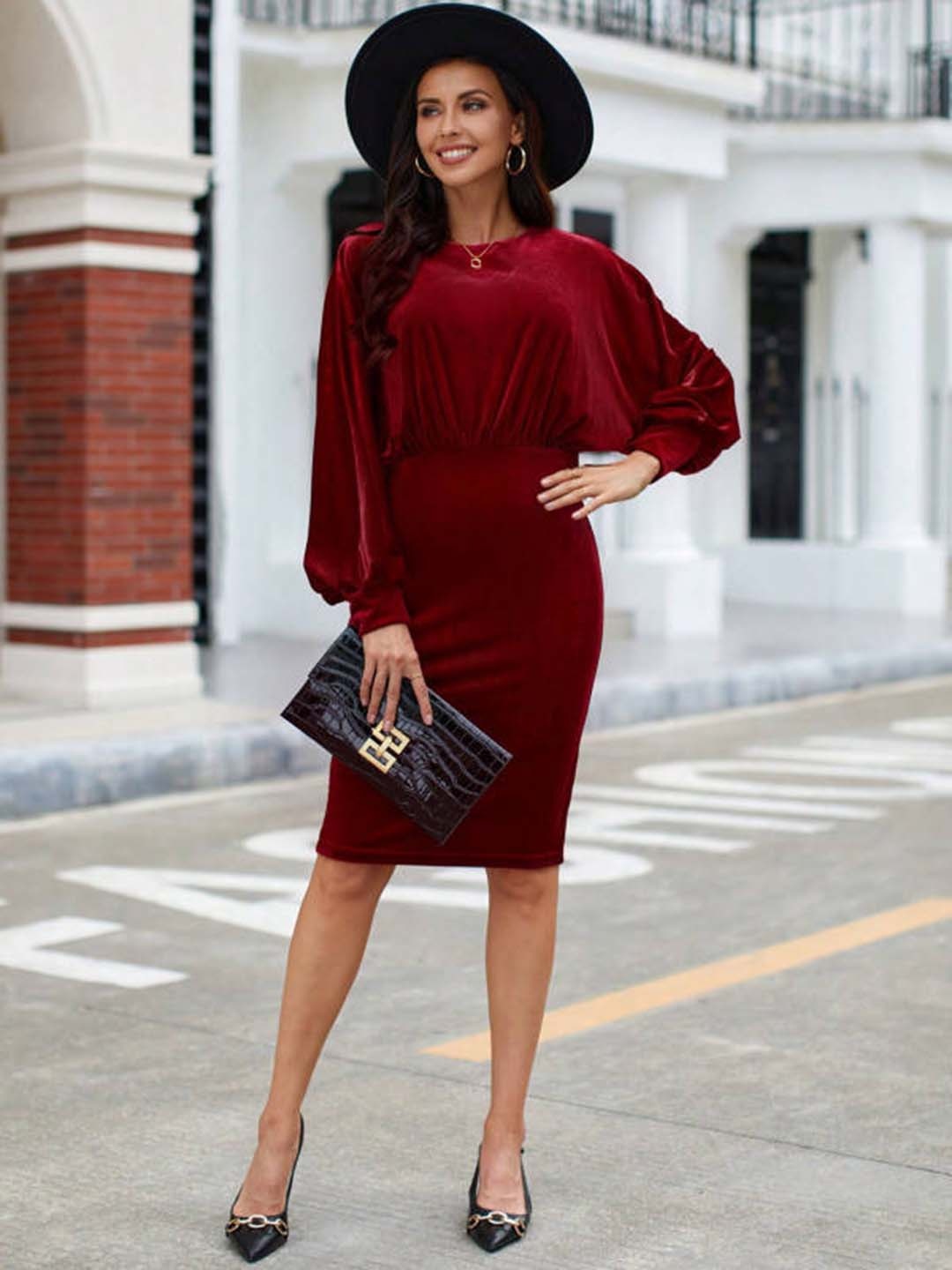 

HERE&NOW Women Puff Sleeves Sheath Dress, Red