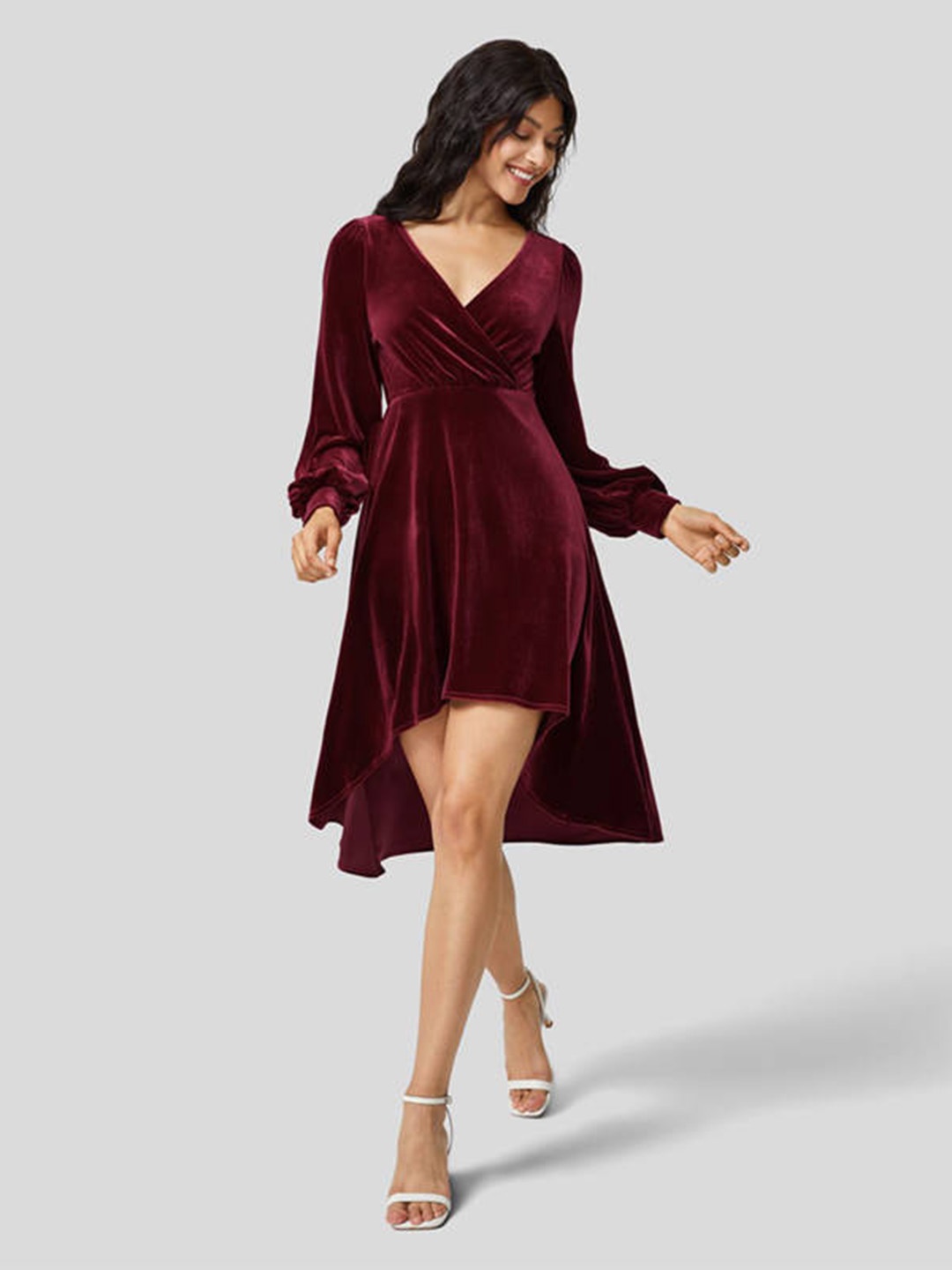 

HERE&NOW Women Velvet Fit & Flare Dress, Maroon