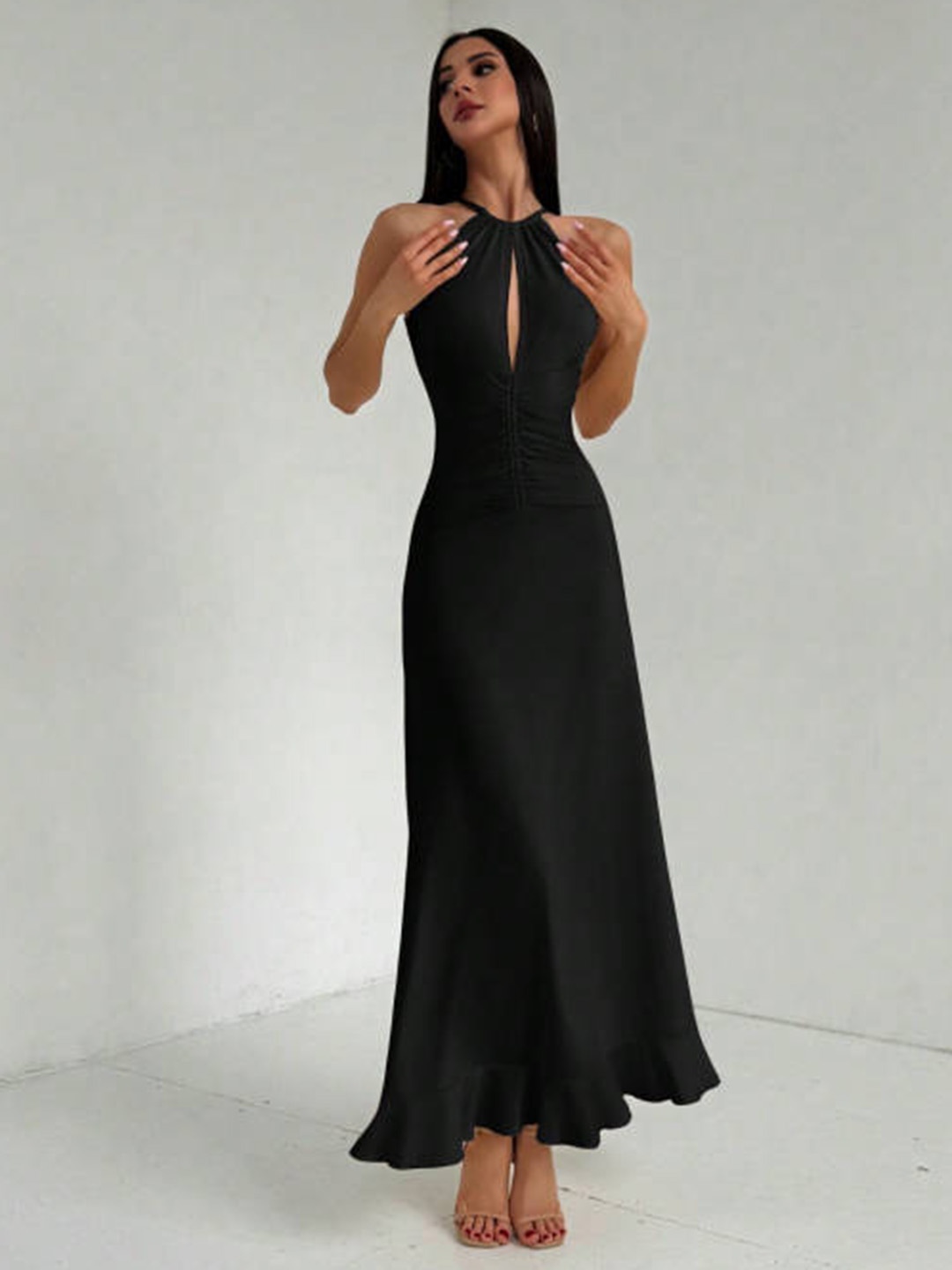 HERE&NOW Women Halter Neck Maxi Dress, Black