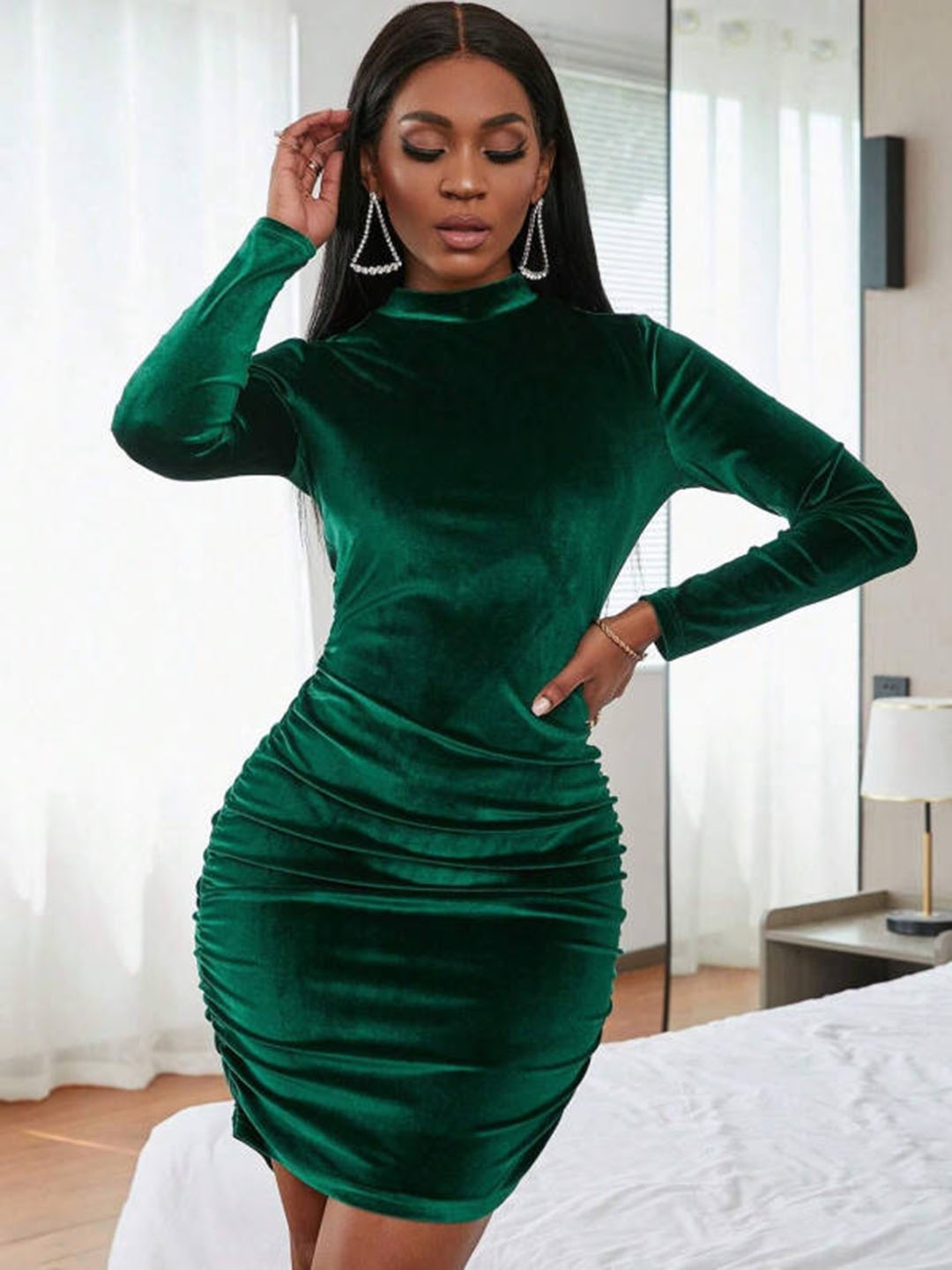 

HERE&NOW Women Bodycon High Neck Long Sleeves Dress, Green