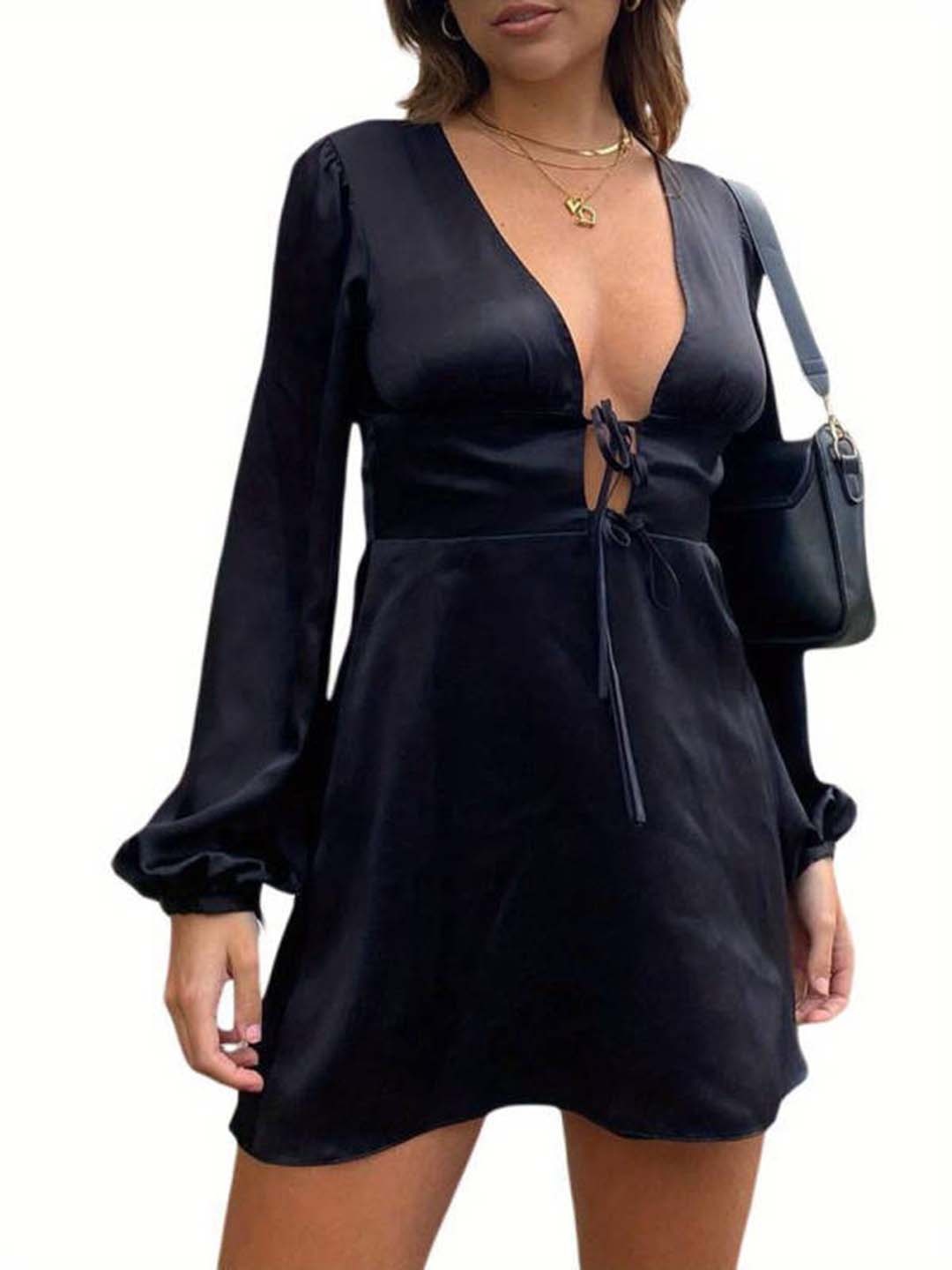 

HERE&NOW Women Puff Sleeve Fit & Flare Mini Dress, Black