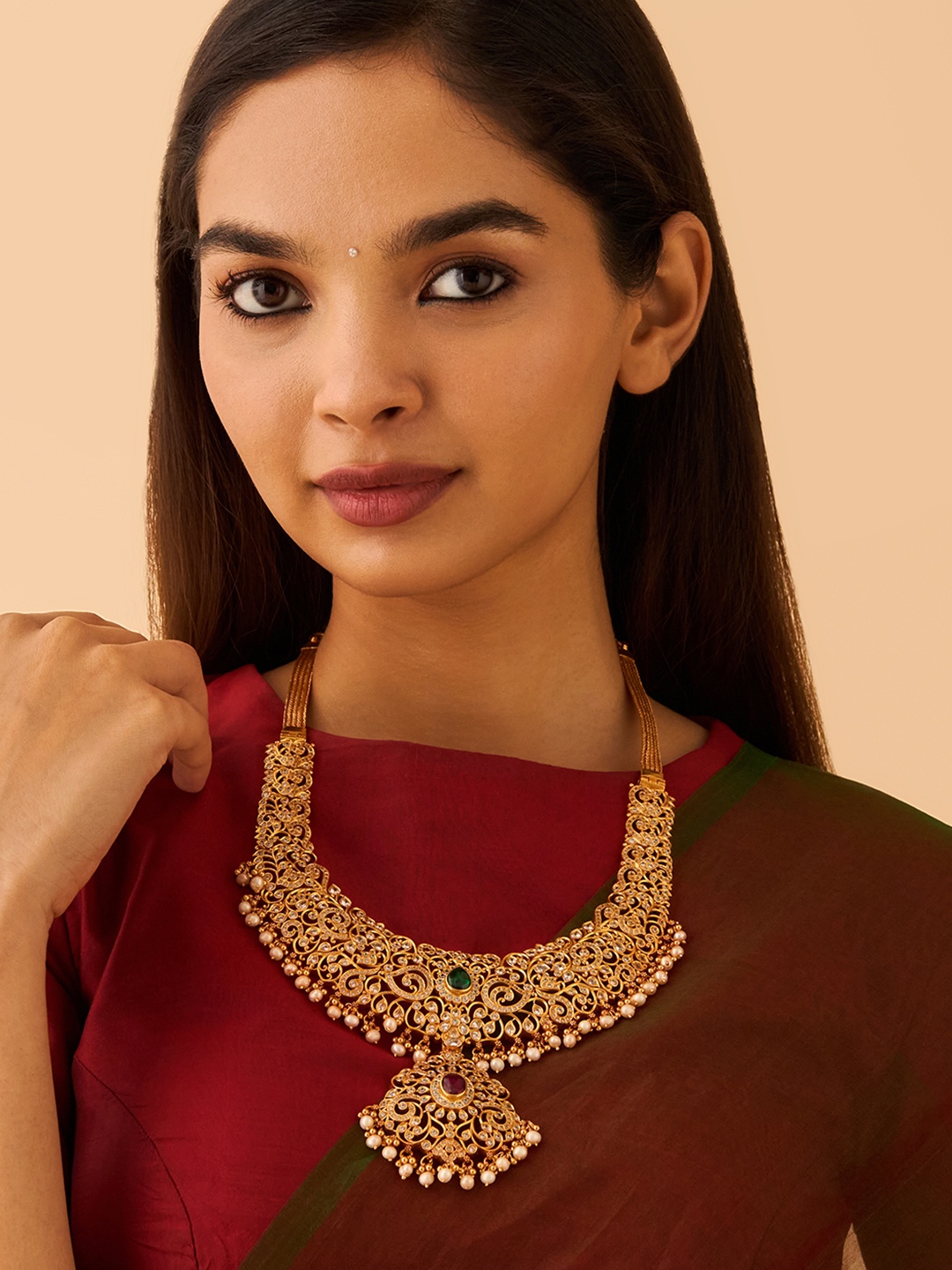 

Kushal's Fashion Jewellery 92.5 Pure Silver Gold-Plated CZ Studded & Beaded Necklace