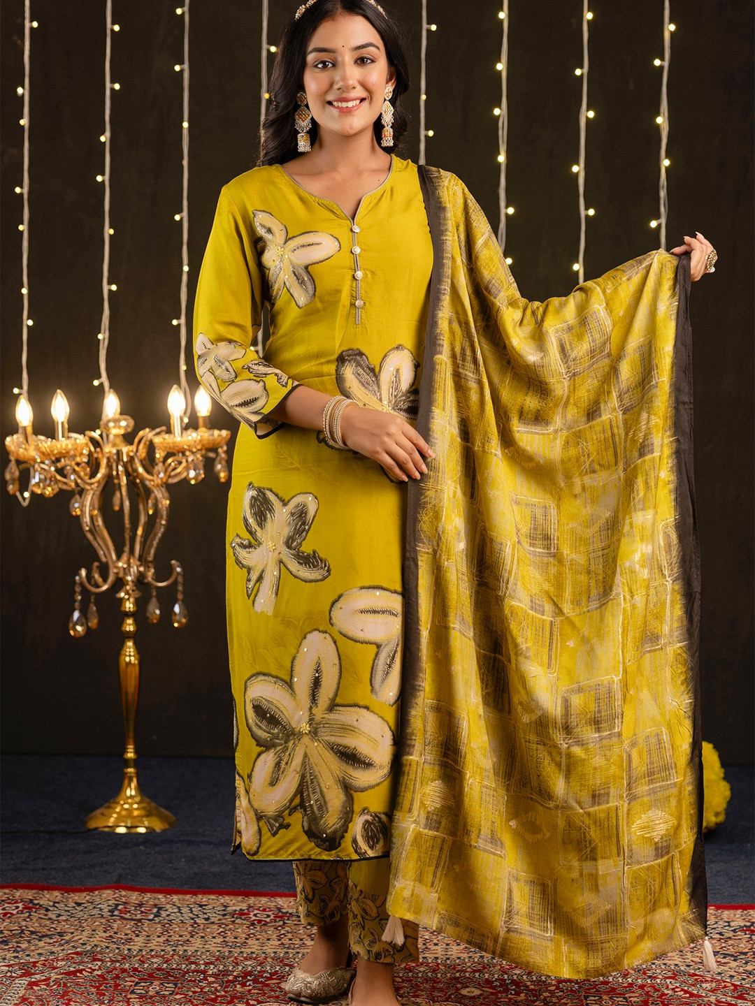 

Kohsh Floral Printed Beads and Stones Pure Silk Kurta with Trouser & Dupatta, Yellow