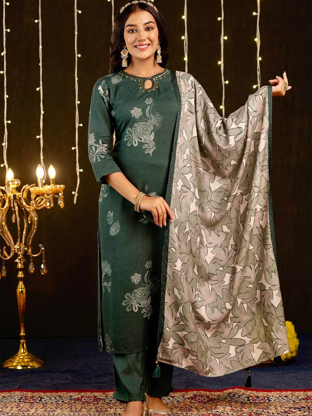 

Kohsh Ethnic Motifs Printed Beads and Stones Pure Silk Kurta with Trouser & Dupatta, Green